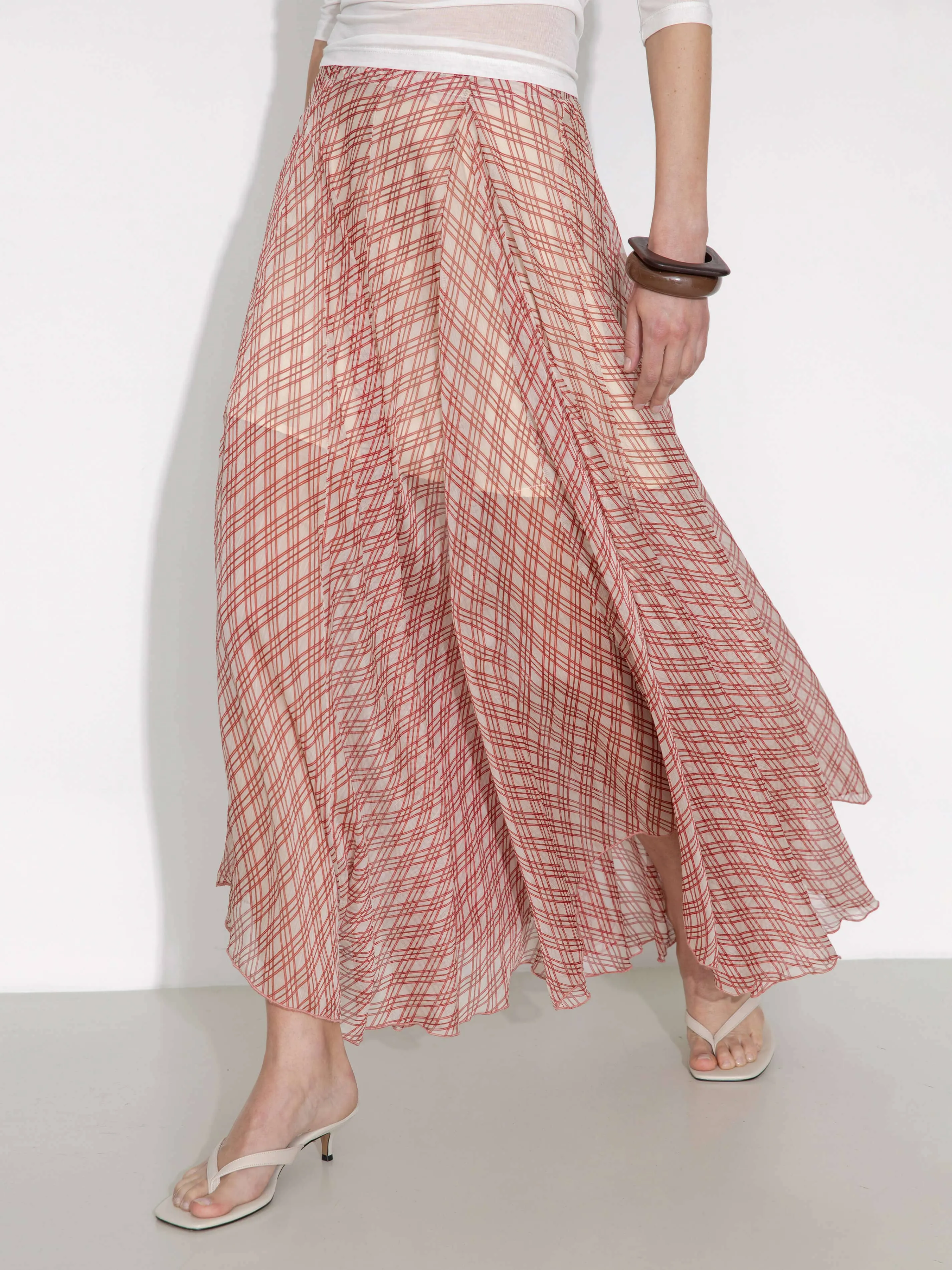 Asymmetrical Flowy Check Maxi Skirt: Blue / M