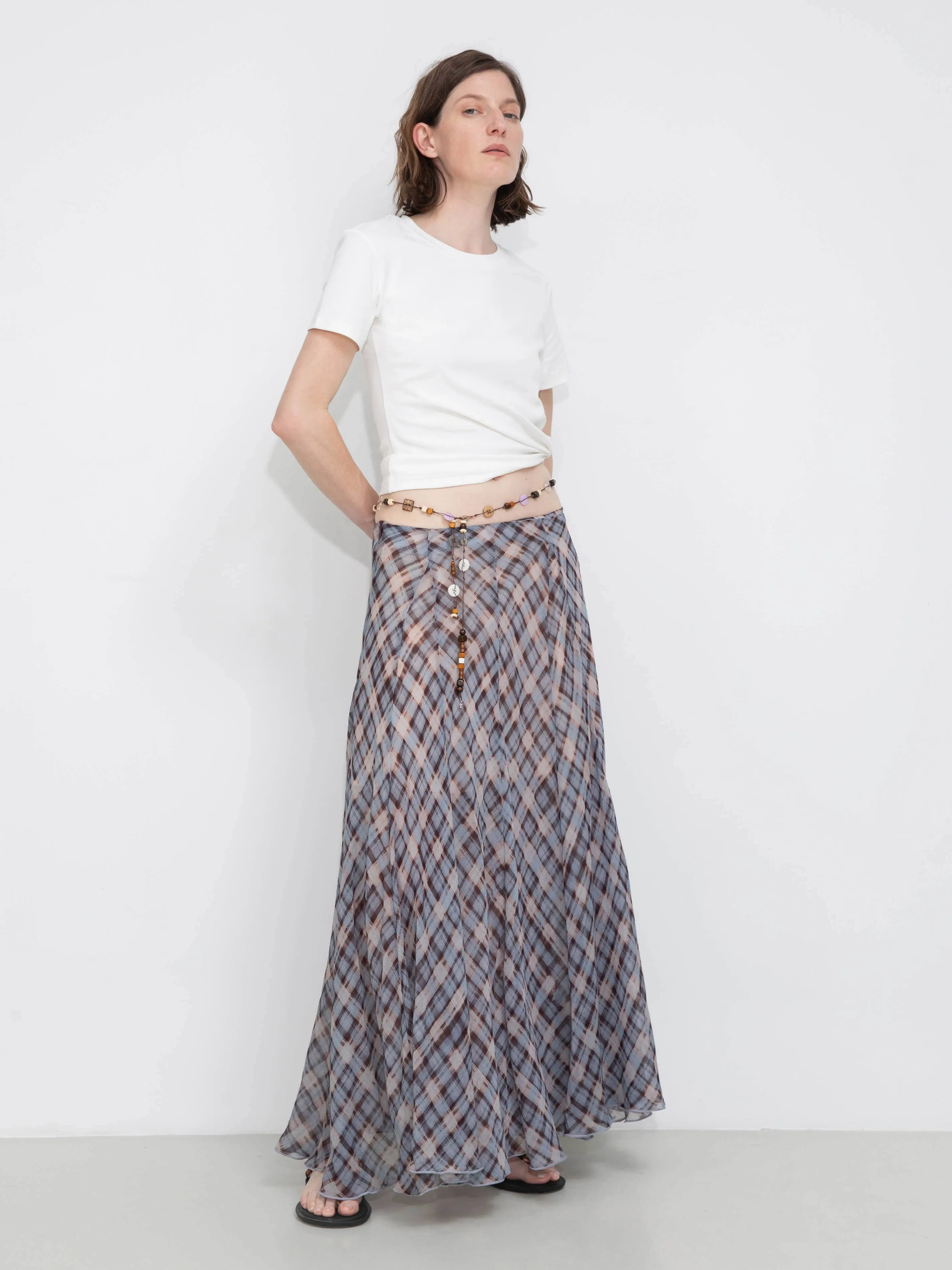 Asymmetrical Flowy Check Maxi Skirt: Blue / M