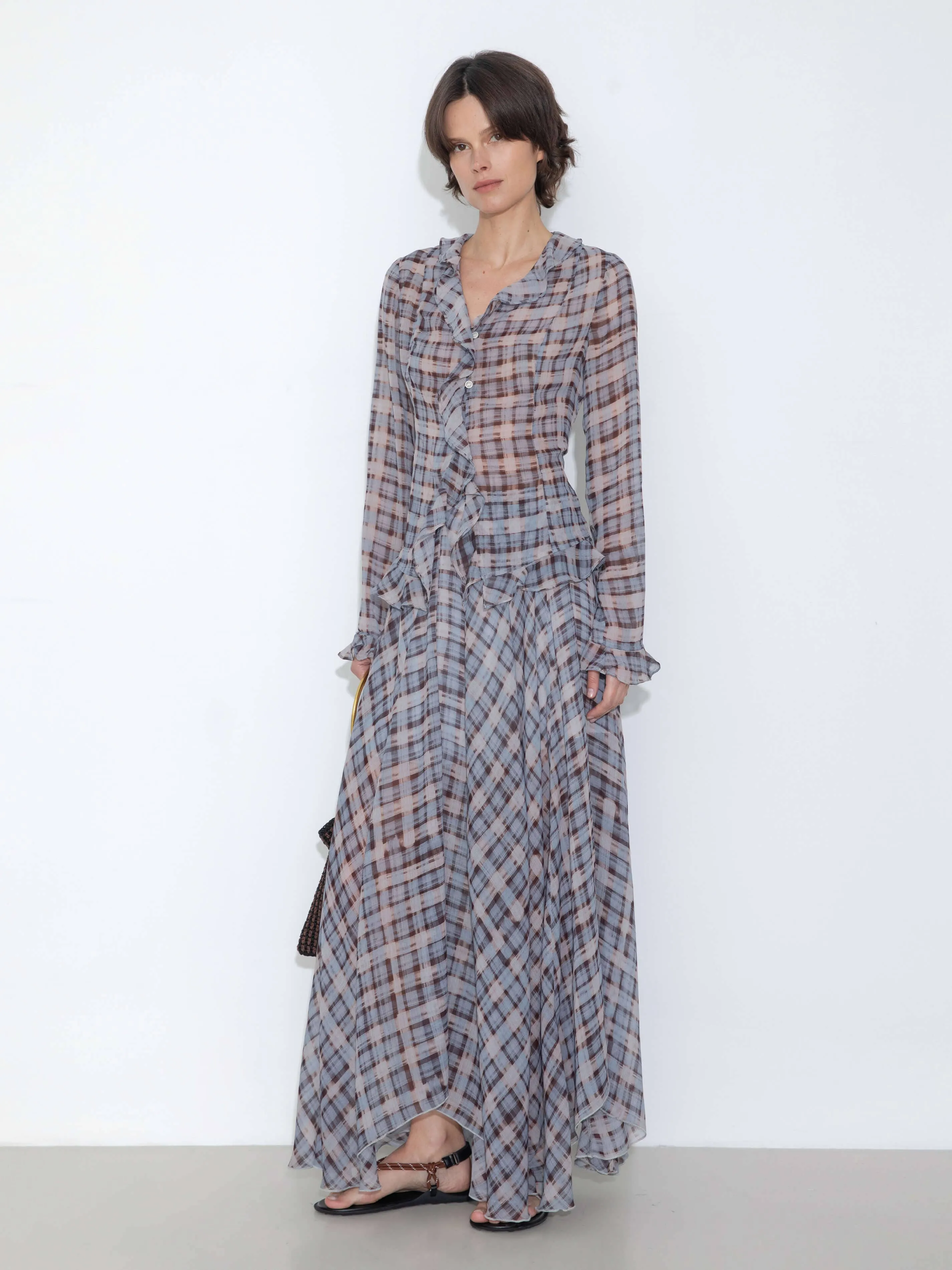 Asymmetrical Flowy Check Maxi Skirt: Blue / M