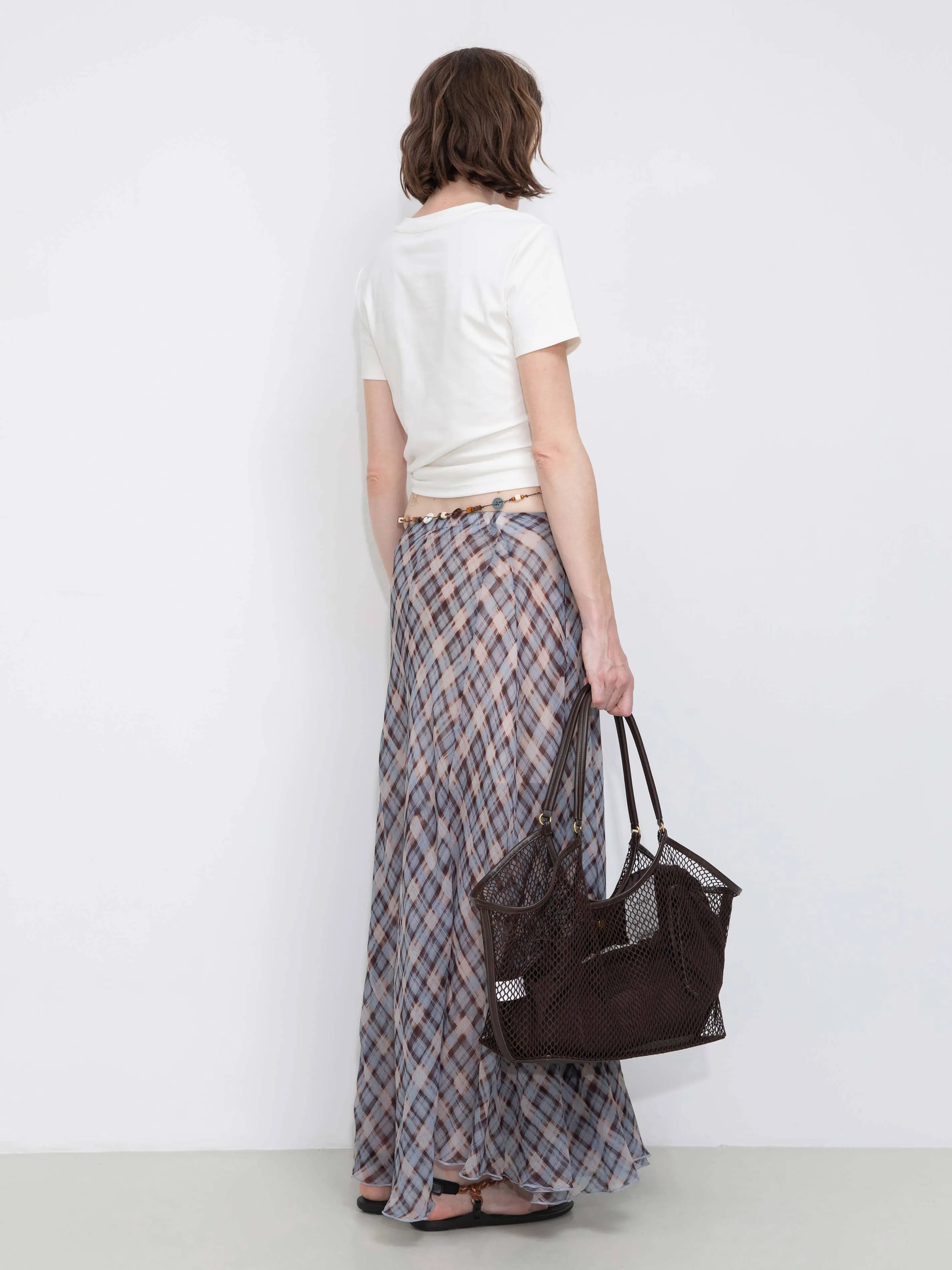 Asymmetrical Flowy Check Maxi Skirt: Blue / M