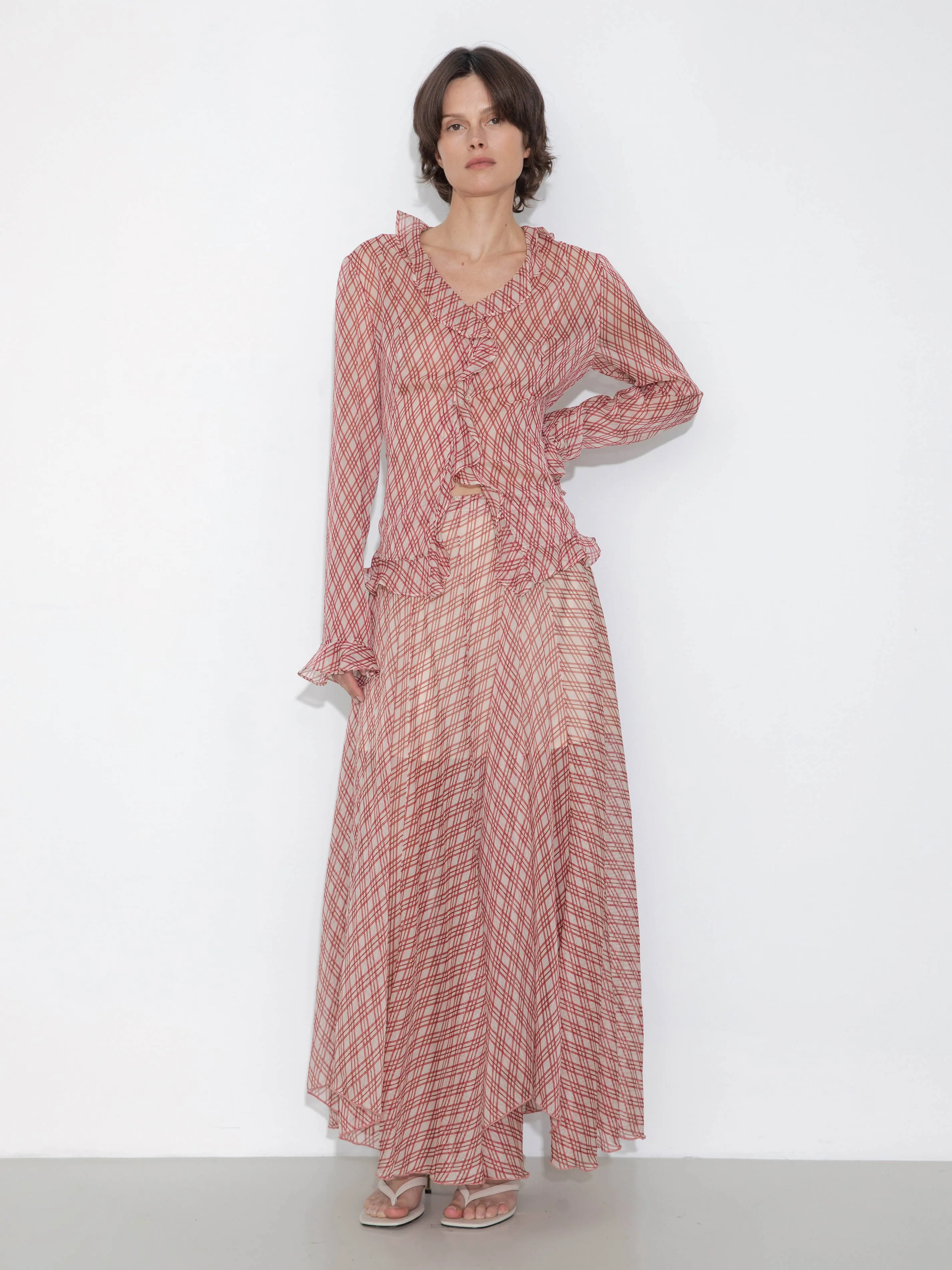 Asymmetrical Flowy Check Maxi Skirt: Blue / M
