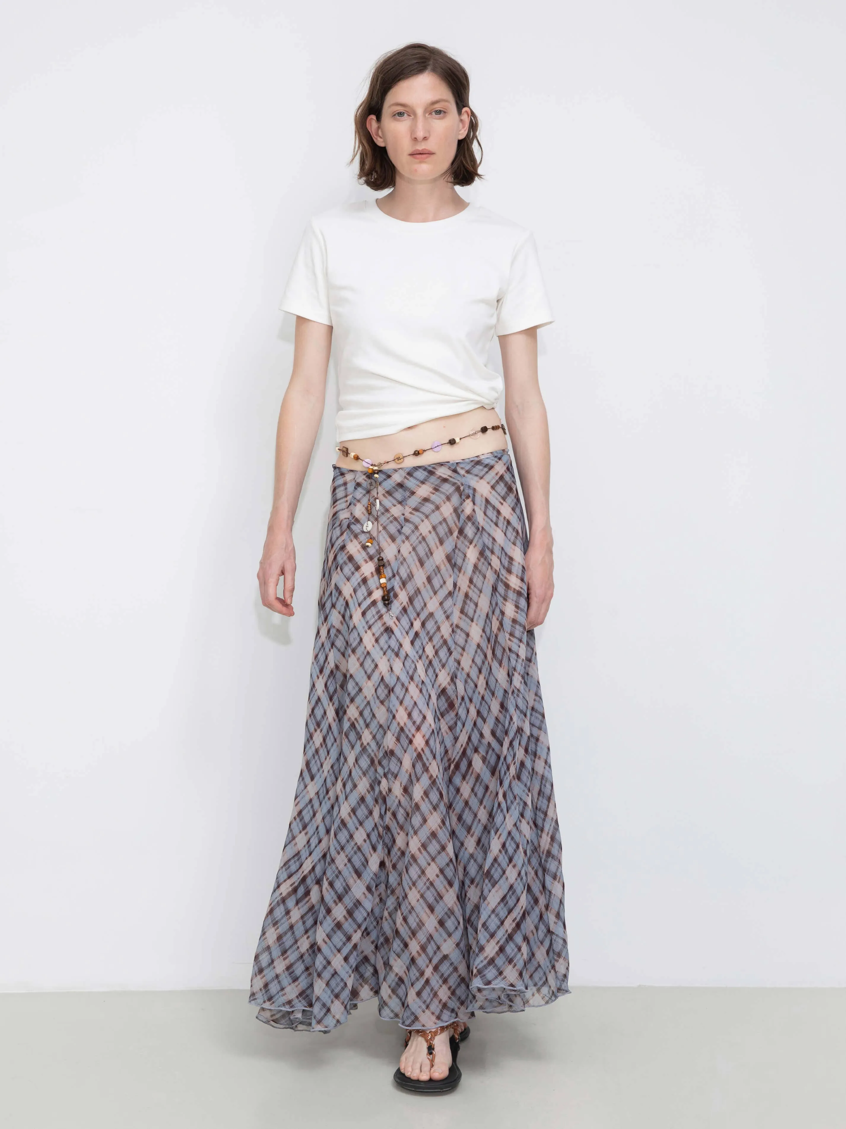 Asymmetrical Flowy Check Maxi Skirt: Blue / M