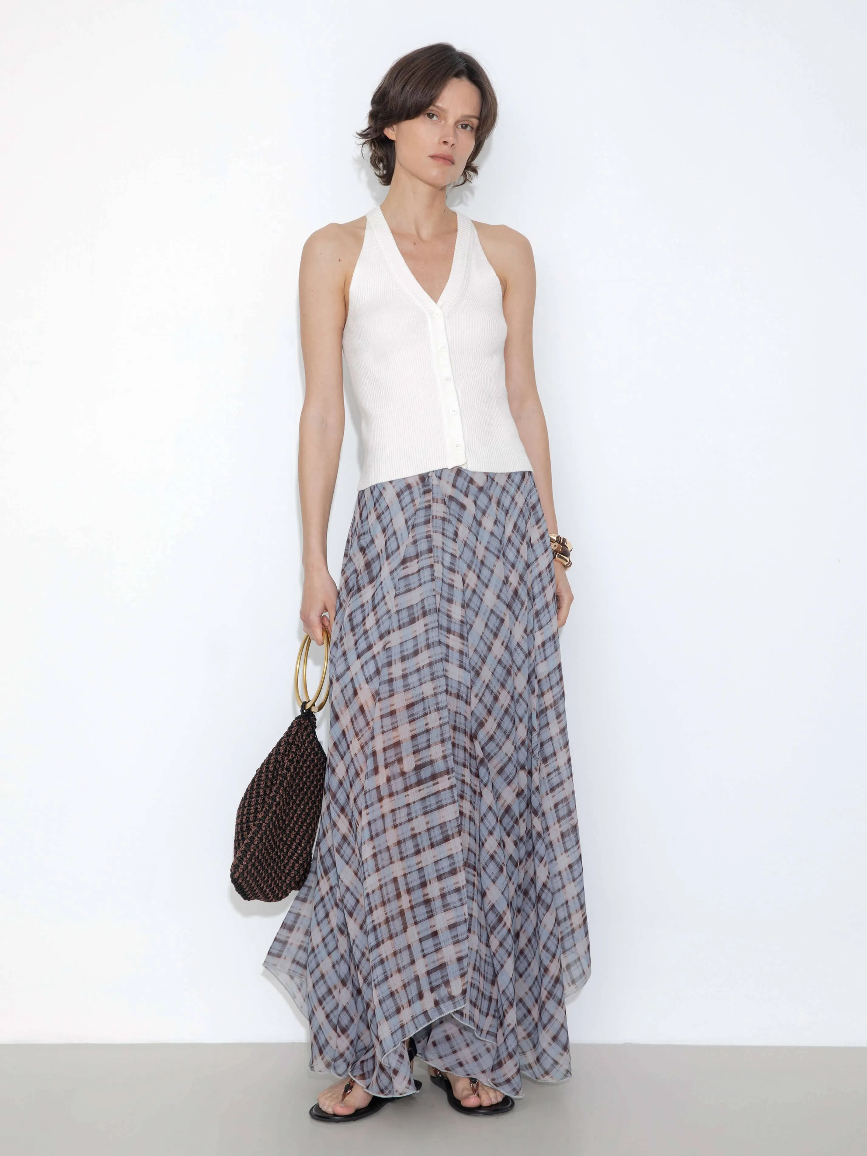 Asymmetrical Flowy Check Maxi Skirt: Blue / M