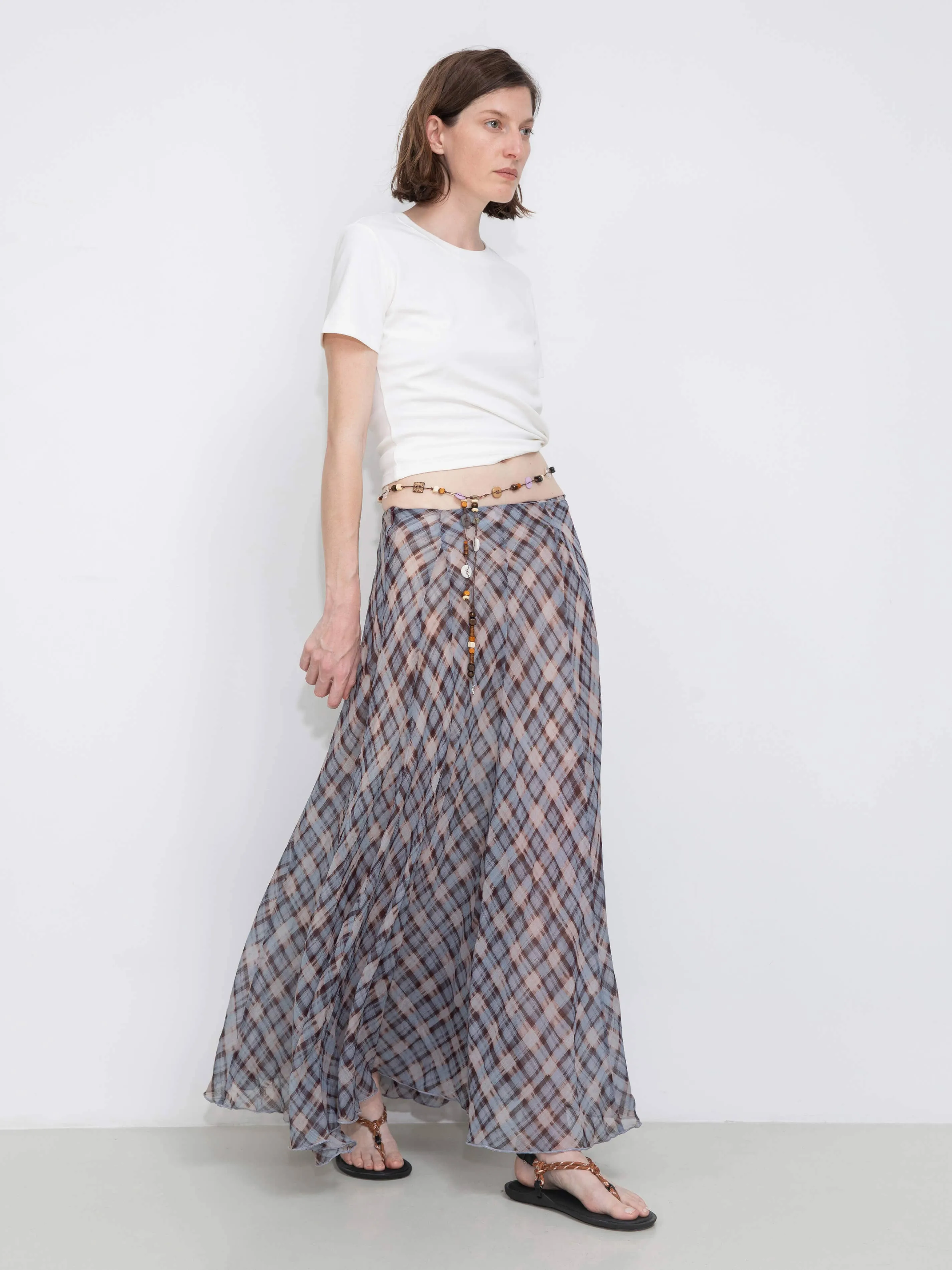 Asymmetrical Flowy Check Maxi Skirt: Blue / M