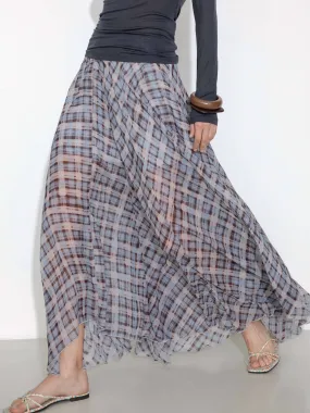 Asymmetrical Flowy Check Maxi Skirt: Blue / M