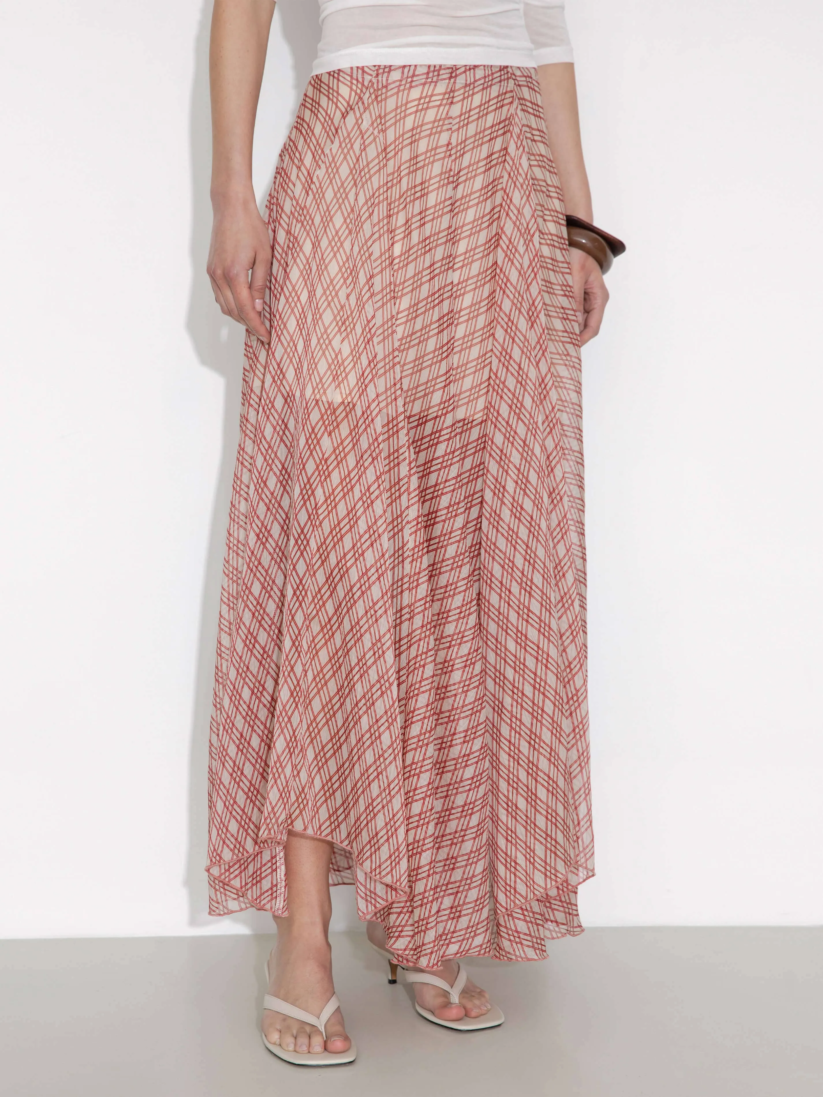 Asymmetrical Flowy Check Maxi Skirt: Blue / M