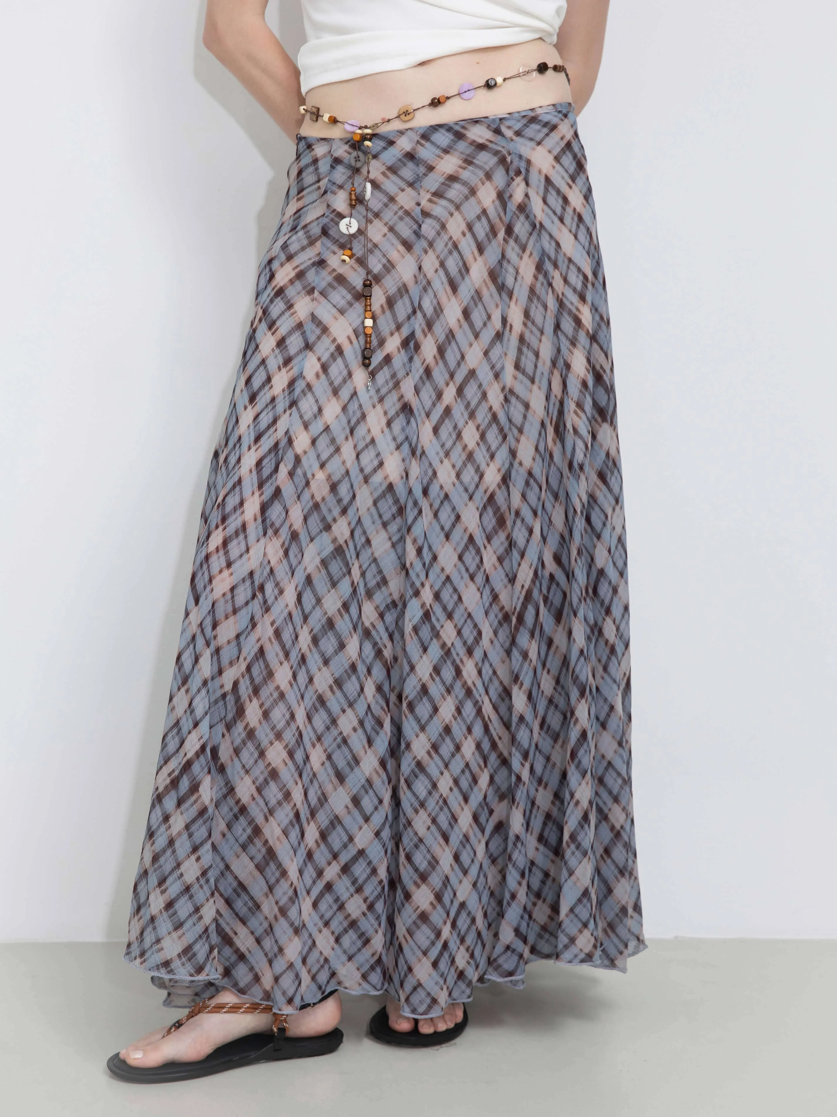 Asymmetrical Flowy Check Maxi Skirt: Blue / M