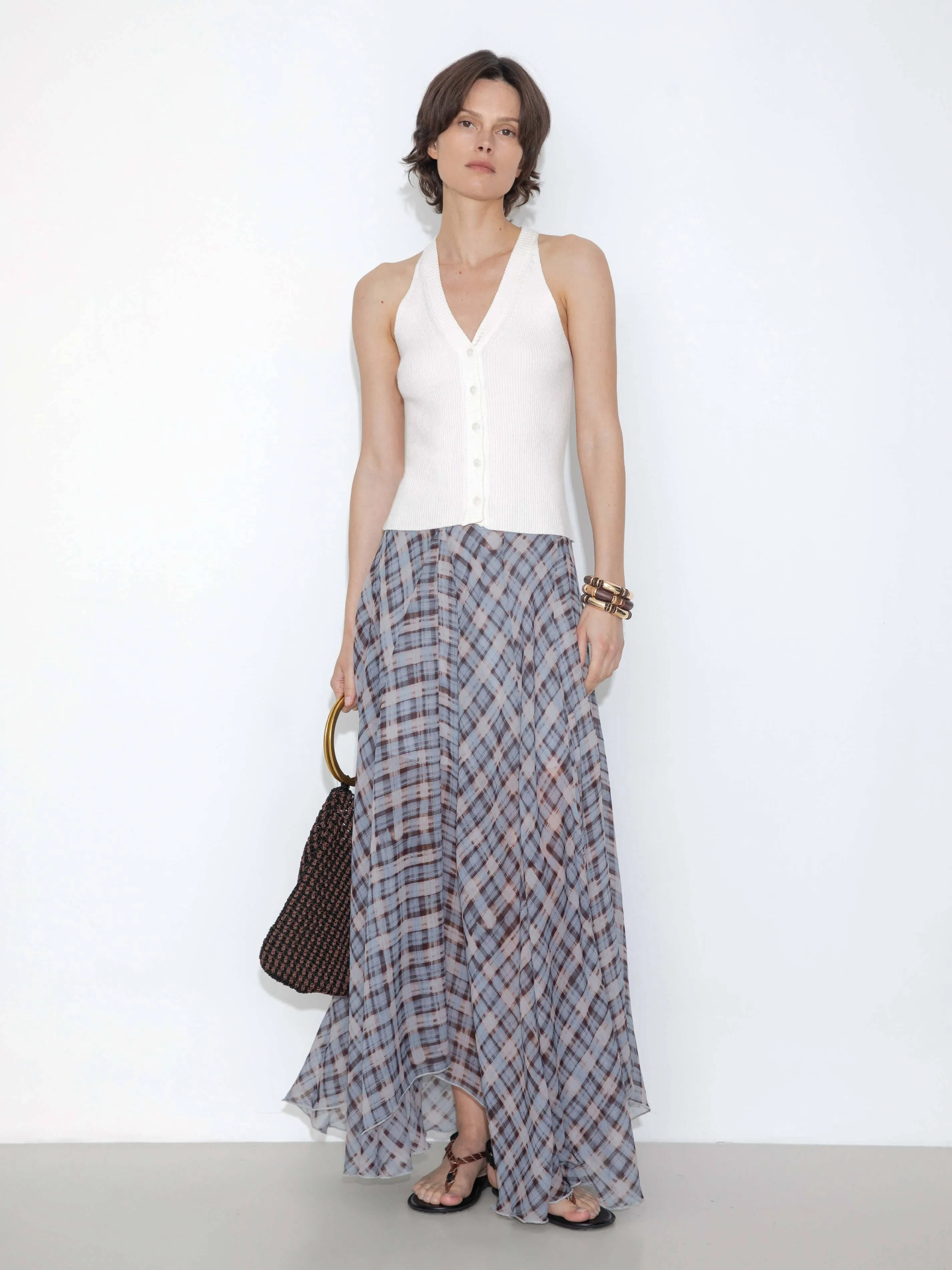Asymmetrical Flowy Check Maxi Skirt: Blue / M