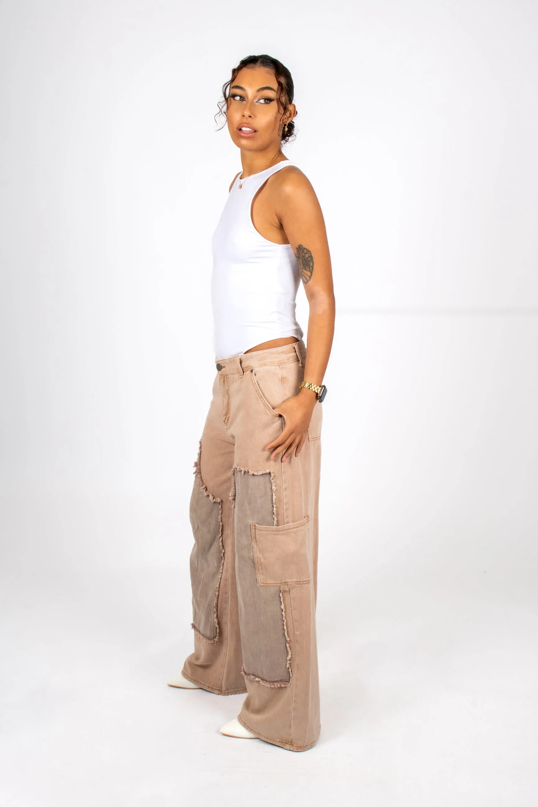 Beige Mid Rise Carpenter Wide Leg Jean