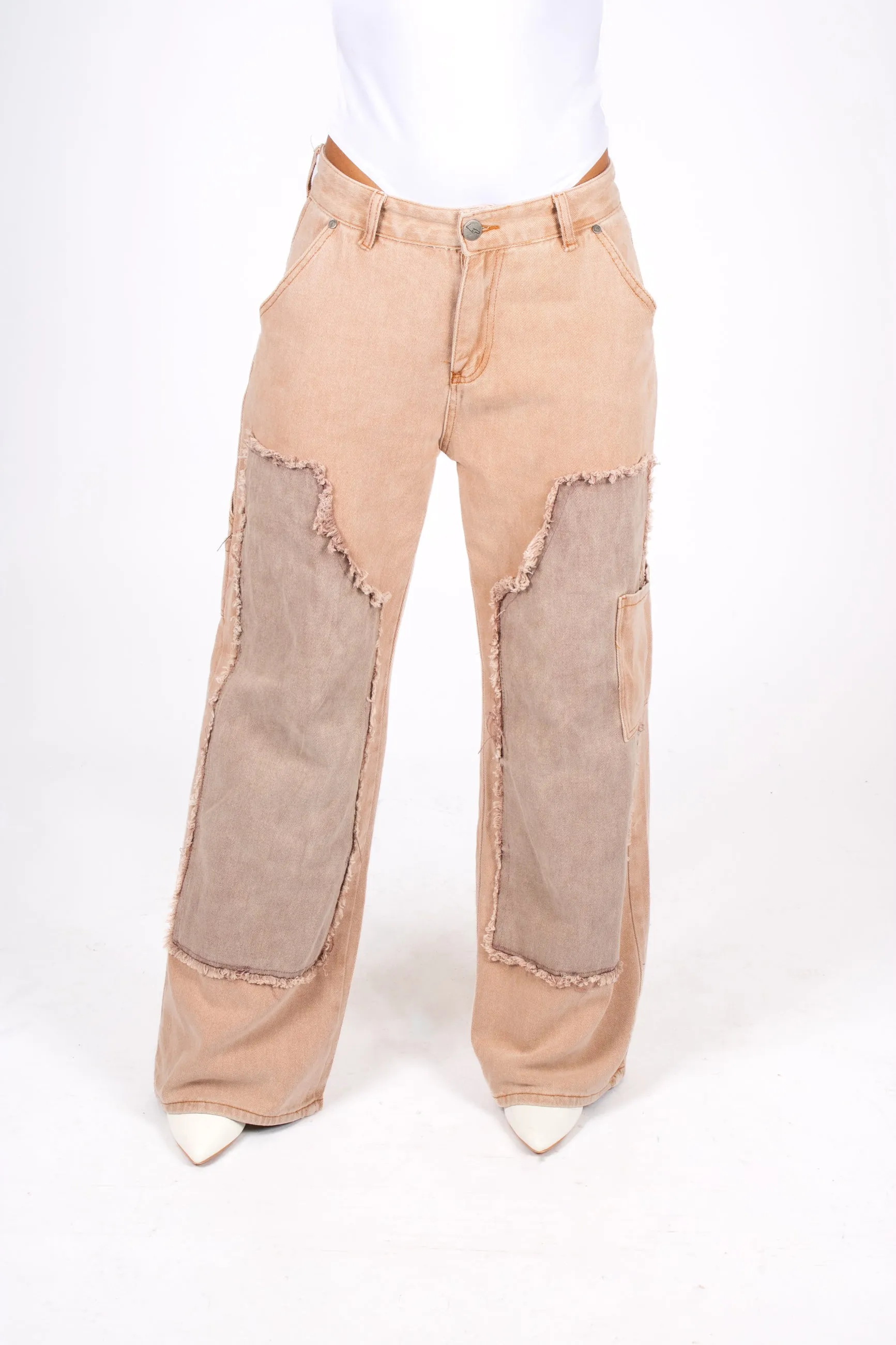 Beige Mid Rise Carpenter Wide Leg Jean