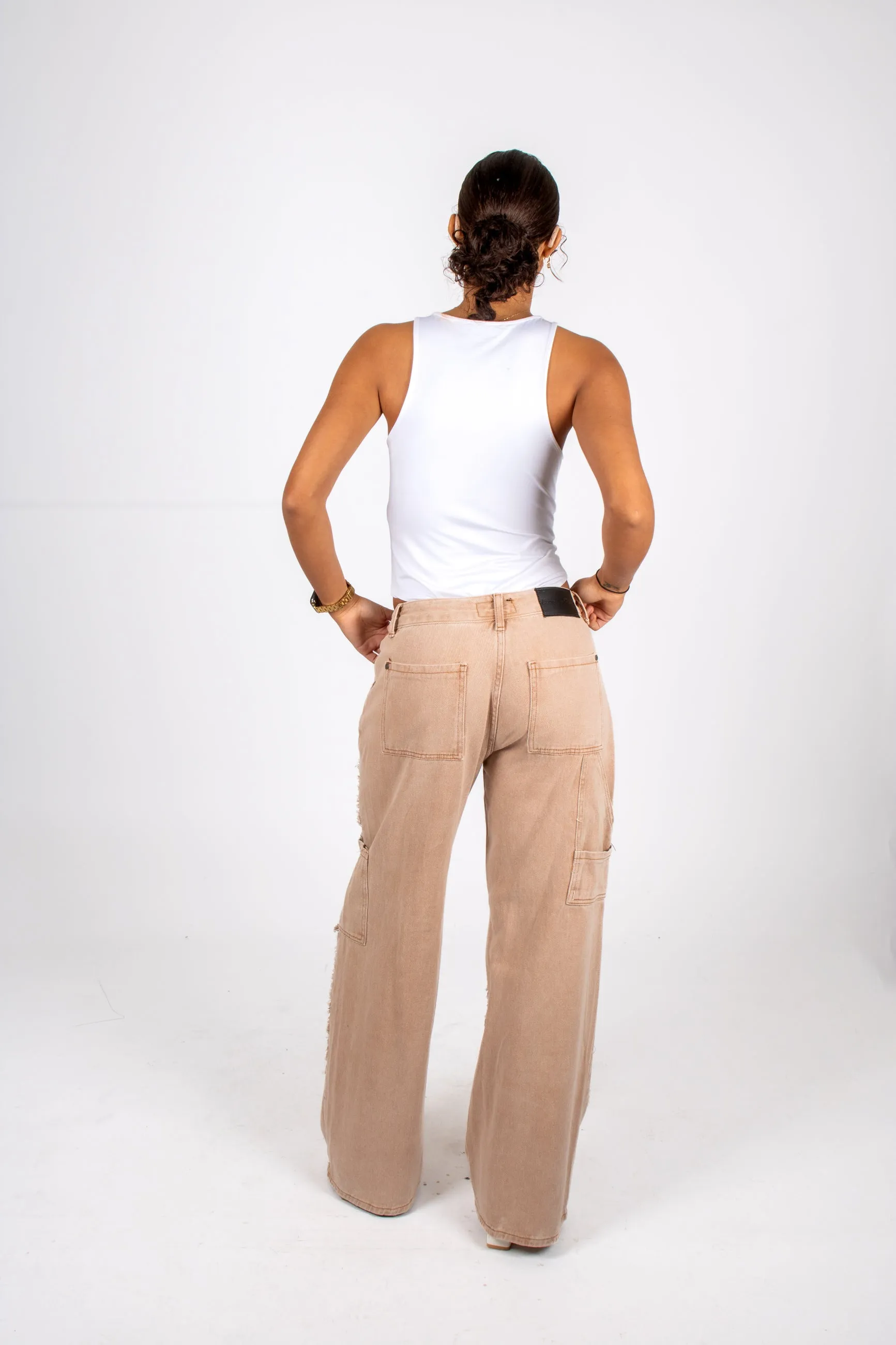 Beige Mid Rise Carpenter Wide Leg Jean
