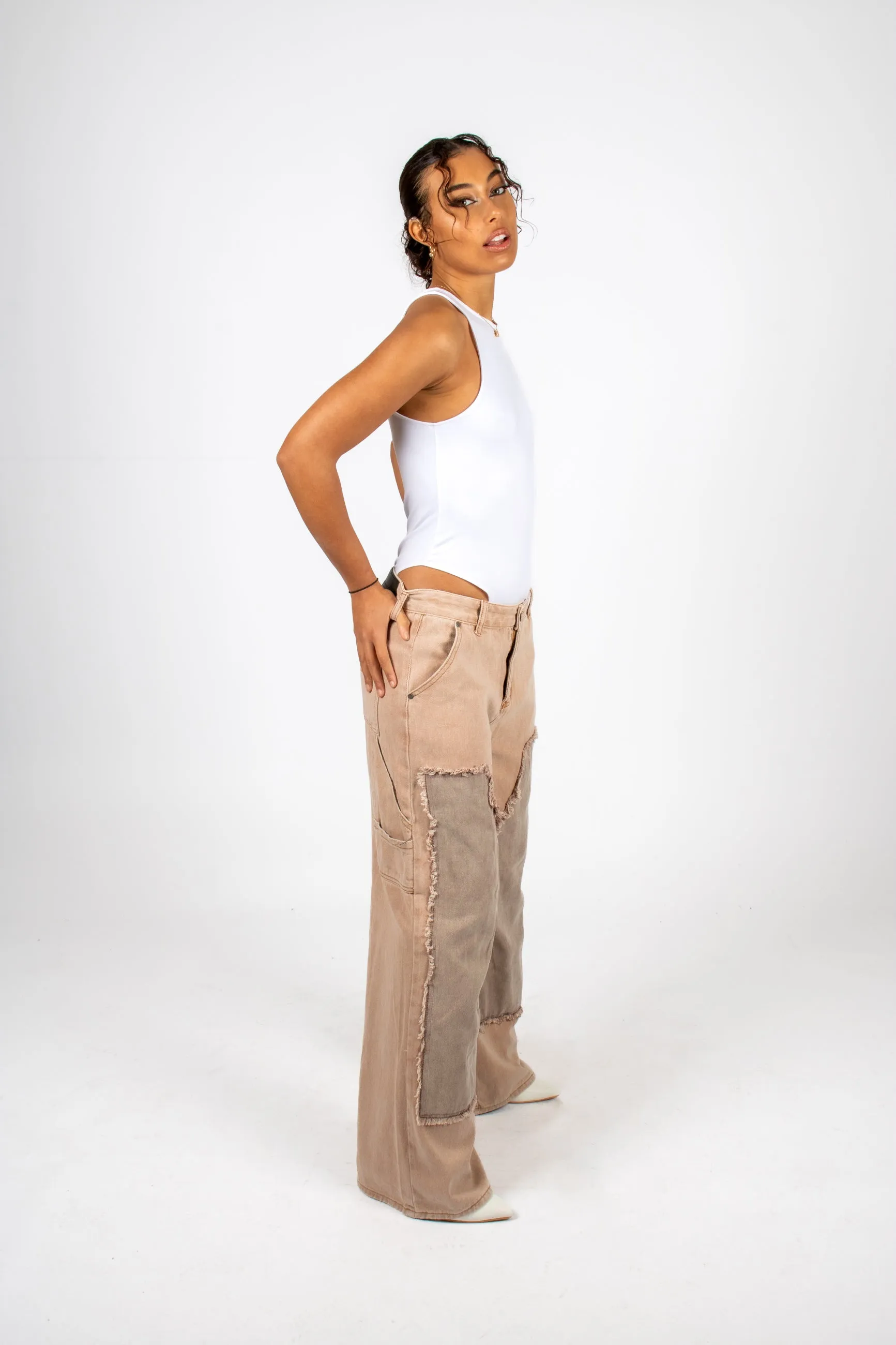 Beige Mid Rise Carpenter Wide Leg Jean