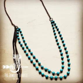Double Strand Blue Turquoise Beaded Necklace, Leather Tassel 252d