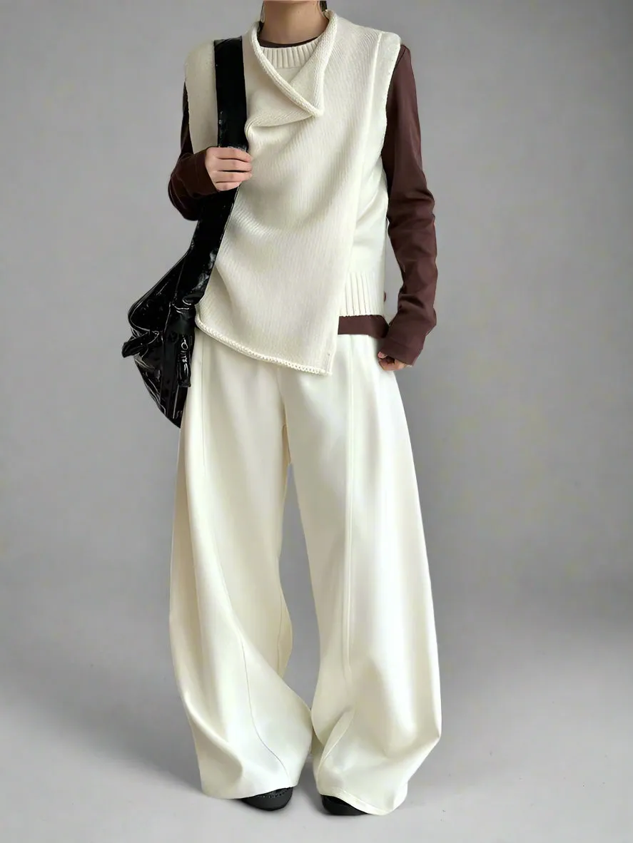 Layered Sleeveless Sweater with Draped Neckline - Cream White & Black