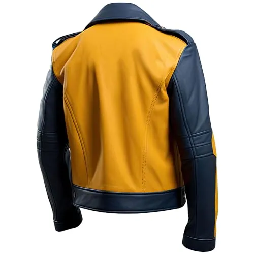 Leather Jets Mens Dark Blue Mustard Genuine Sheepskin Notch Lapel Collar Casual Asymmetric Crossover Two Toned Leather Jacket