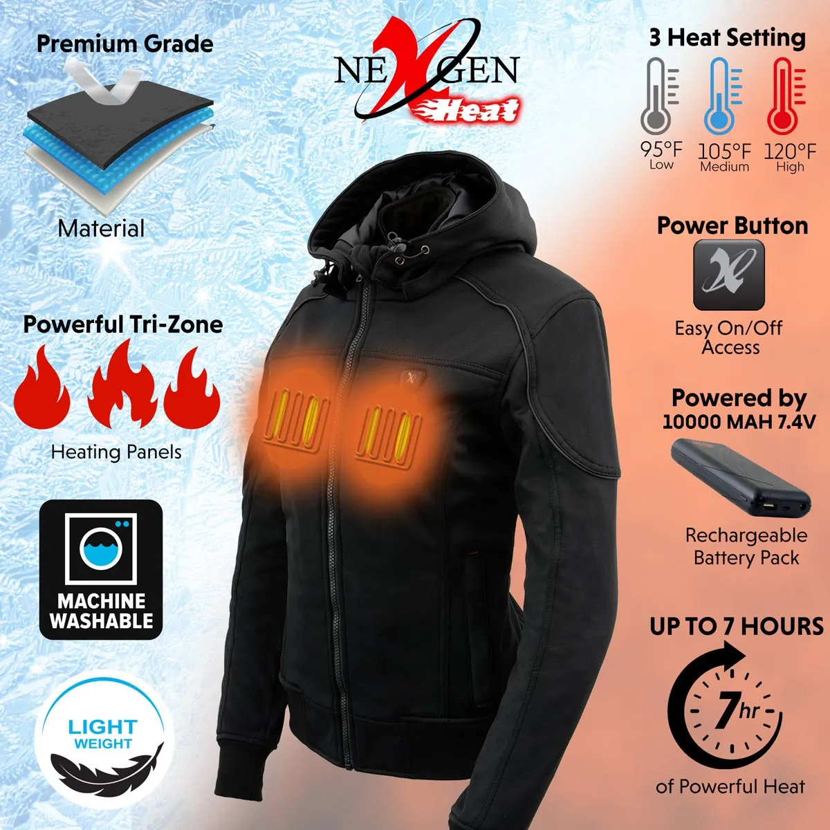 Nexgen Heat NXL2761SET Womens Black 'Igniter' Heated Soft Shell Hooded Jacket (Rechargeable 10000mAh Battery Pack Included)