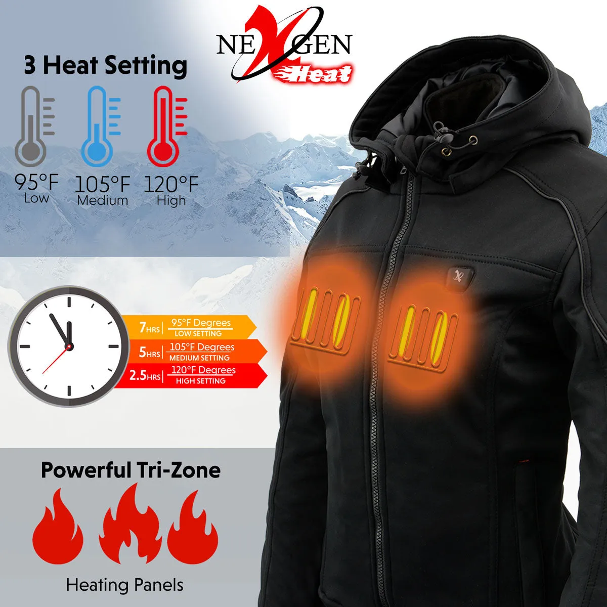 Nexgen Heat NXL2761SET Womens Black 'Igniter' Heated Soft Shell Hooded Jacket (Rechargeable 10000mAh Battery Pack Included)