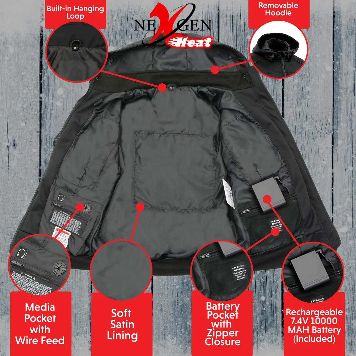 Nexgen Heat NXL2761SET Womens Black 'Igniter' Heated Soft Shell Hooded Jacket (Rechargeable 10000mAh Battery Pack Included)