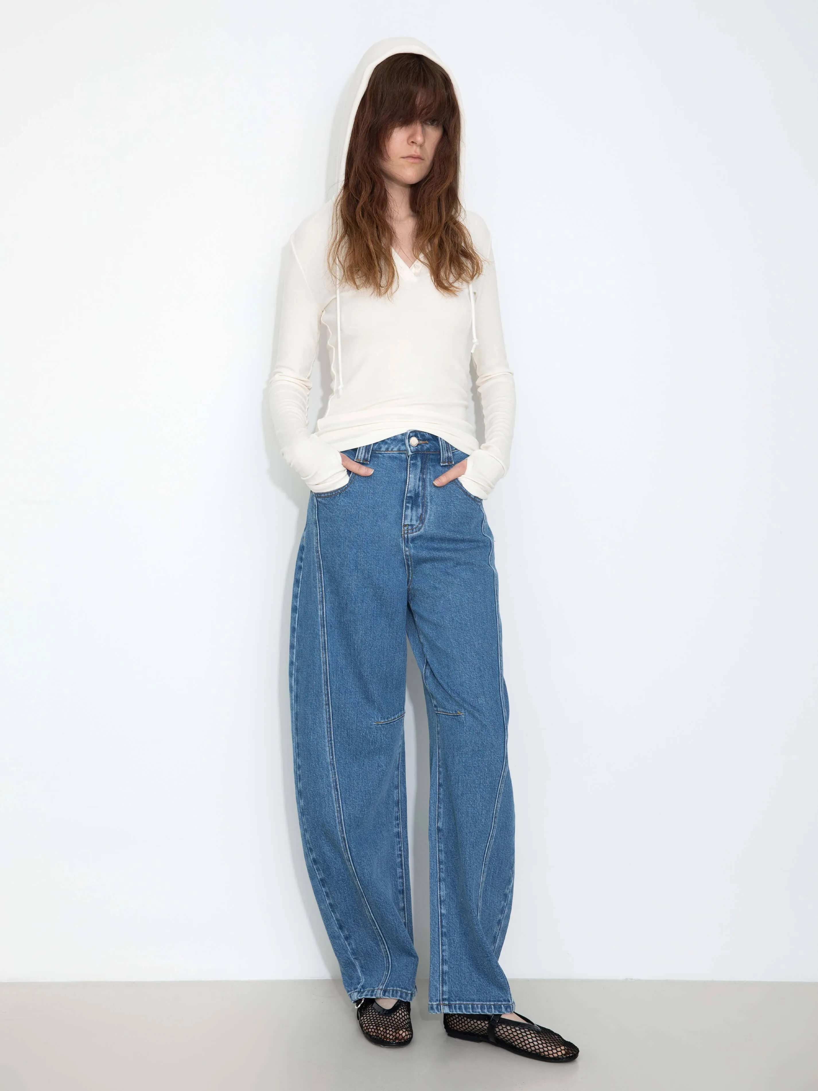 Panelled Loose-Fit Wide-Leg Tapered Jeans: Navy / L
