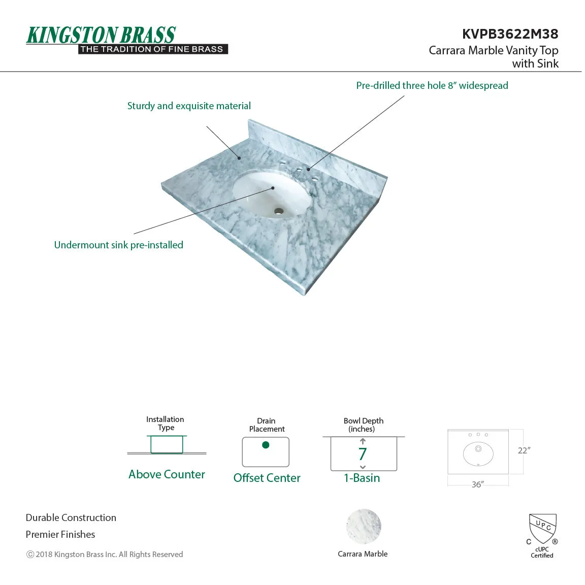 Templeton KVPB3622M38 Marble Vanity Sink Top, Carrara Marble