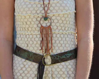 Turquoise & Brown Embossed Leather Belt w/ Fringe 907e