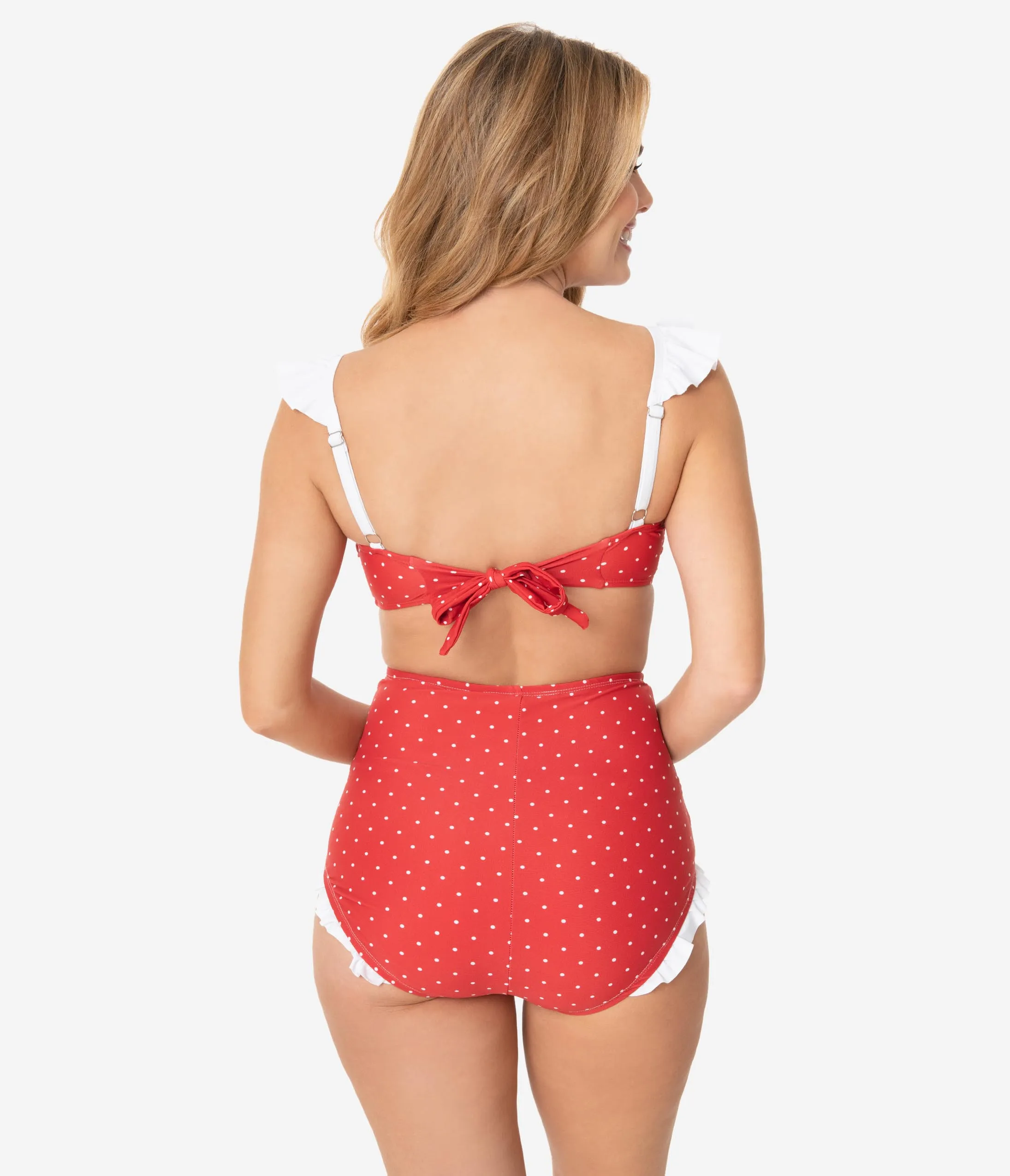 Unique Vintage Red & White Pin Dot Ruffle Crystal Cove Bandeau Bikini Top