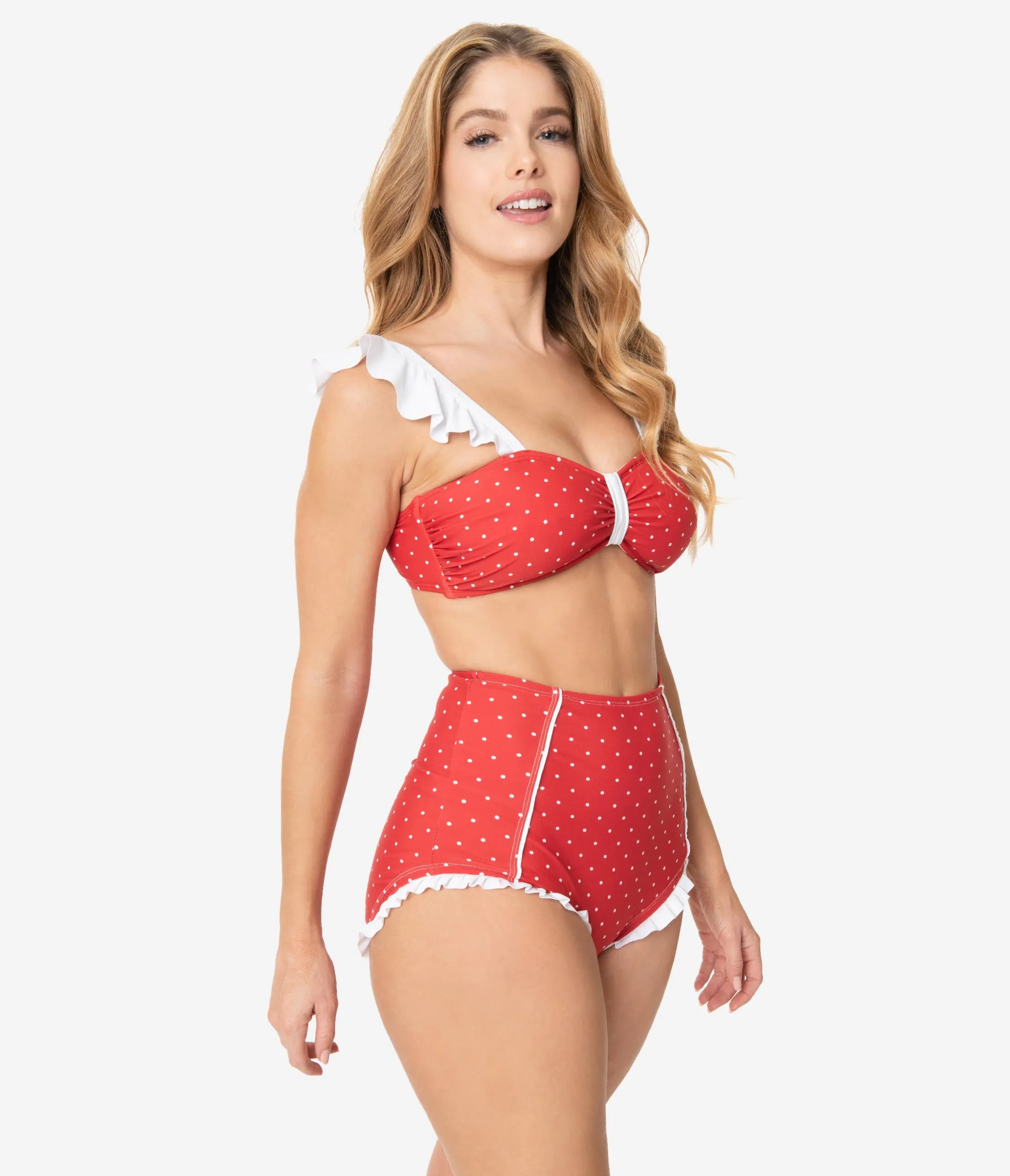 Unique Vintage Red & White Pin Dot Ruffle Crystal Cove Bandeau Bikini Top