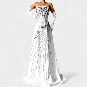 White Strapless Floral Beaded Silk Fit Flared Maxi Formal Prom Dress Size 6/M