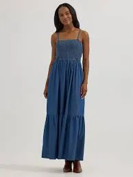 WRANGLER Smocked Bodice Denim Maxi Dress