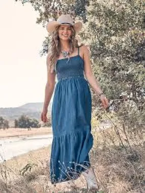 WRANGLER Smocked Bodice Denim Maxi Dress